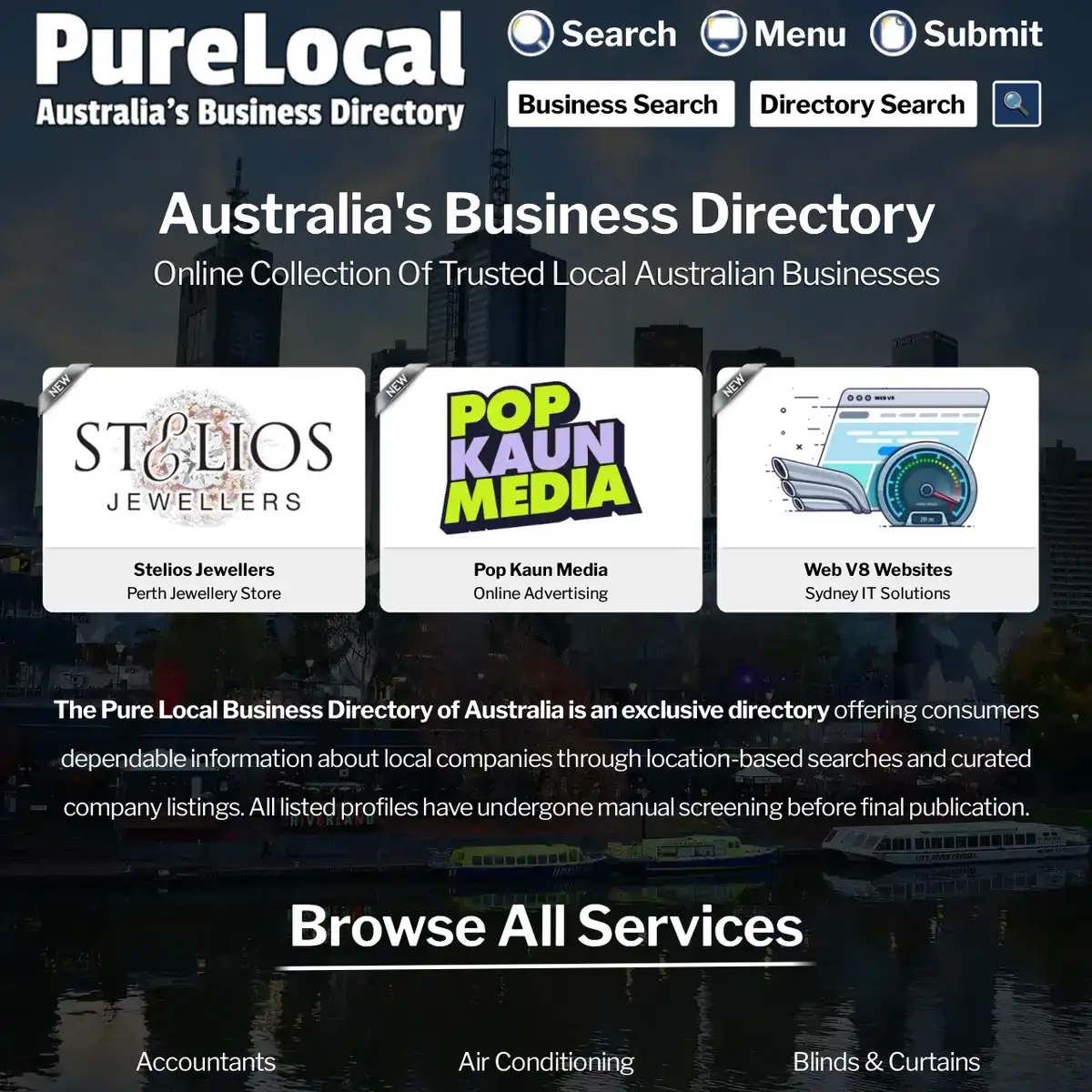 Screenshot of the Pure Local Business Directory home page